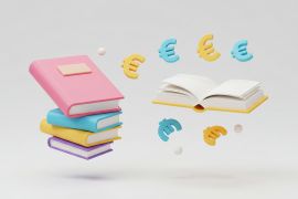 Foto: Stapel bunter Bücher und ein offenes Buch mit Euro-Symbolen, die auf einem weißen Hintergrund schweben